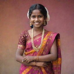 A Tamil girl adorned in traditional dress, complete with vibrant patterns and colors. She's smiling, standing tall, her eyes gleaming with joy and pride.