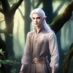 A young male elf with silver hair and gold eyes, standing in a mystical forest