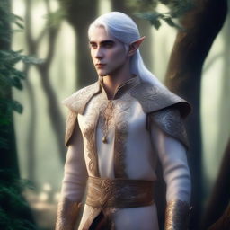 A young male elf with silver hair and gold eyes, standing in a mystical forest