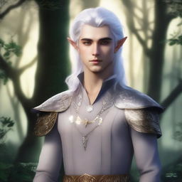 A young male elf with silver hair and gold eyes, standing in a mystical forest