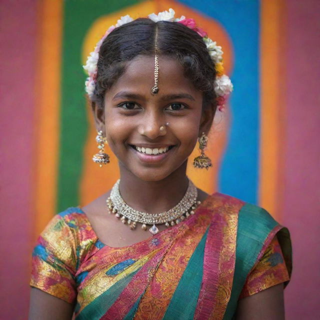 A Tamil girl adorned in traditional dress, complete with vibrant patterns and colors. She's smiling, standing tall, her eyes gleaming with joy and pride.