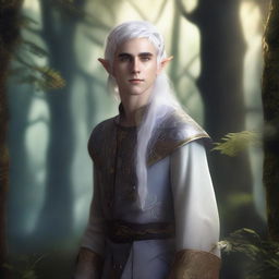 A young male elf with silver hair and gold eyes, standing in a mystical forest