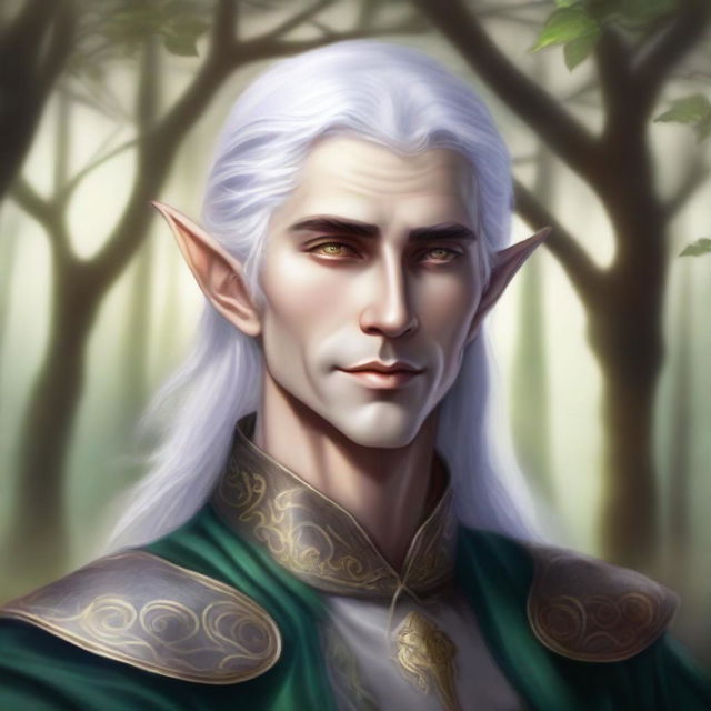 A detailed illustration of a male elf with silver hair and gold eyes