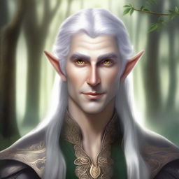 A detailed illustration of a male elf with silver hair and gold eyes