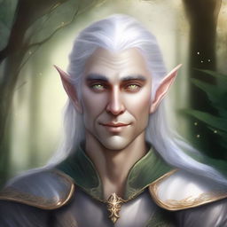 A detailed illustration of a male elf with silver hair and gold eyes