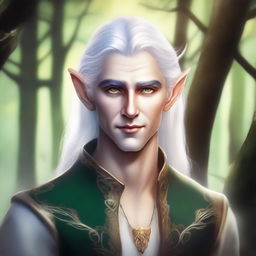 A detailed illustration of a male elf with silver hair and gold eyes