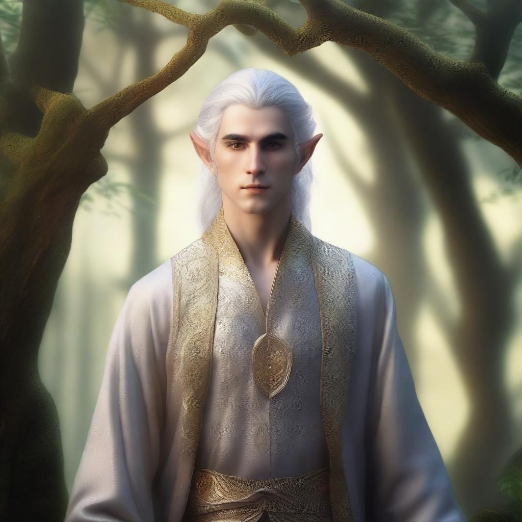 A male elf in his 20s with silver hair and gold eyes, standing in a mystical forest