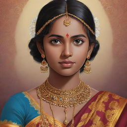 Anime style portrait of a Tamil woman, wearing traditional Tamil attire and jewelry, with intricate detailing.