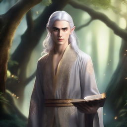 A male elf in his 20s with silver hair and gold eyes, standing in a mystical forest