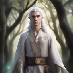 A male elf in his 20s with silver hair and gold eyes, standing in a mystical forest