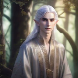 A male elf in his 20s with silver hair and gold eyes, standing in a mystical forest