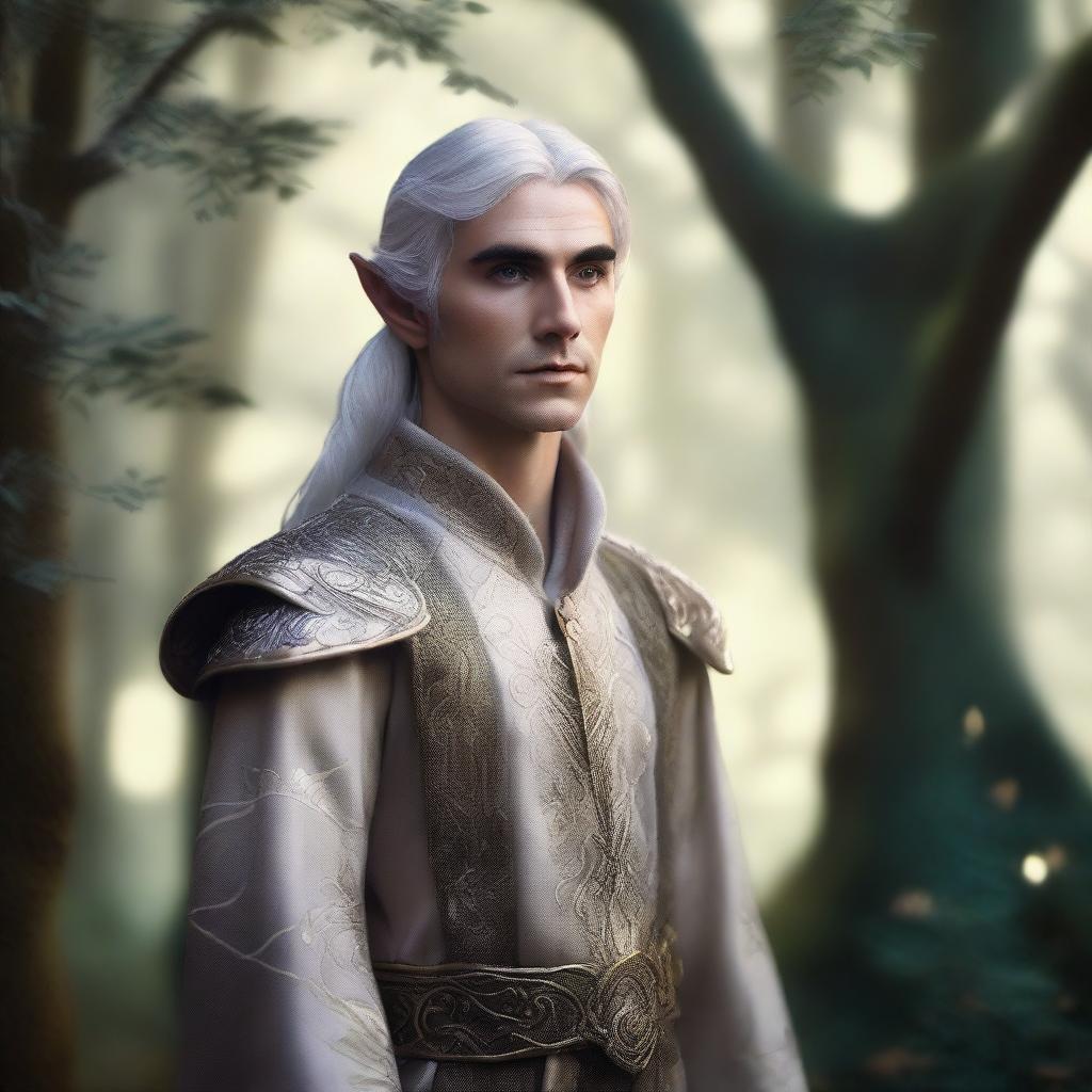 A male elf in his 30s with silver hair and gold eyes, standing in a mystical forest