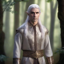 A male elf in his 30s with silver hair and gold eyes, standing in a mystical forest