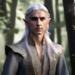 A male elf in his 30s with silver hair and gold eyes, standing in a mystical forest