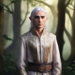 A male elf in his 30s with silver hair and gold eyes, standing in a mystical forest
