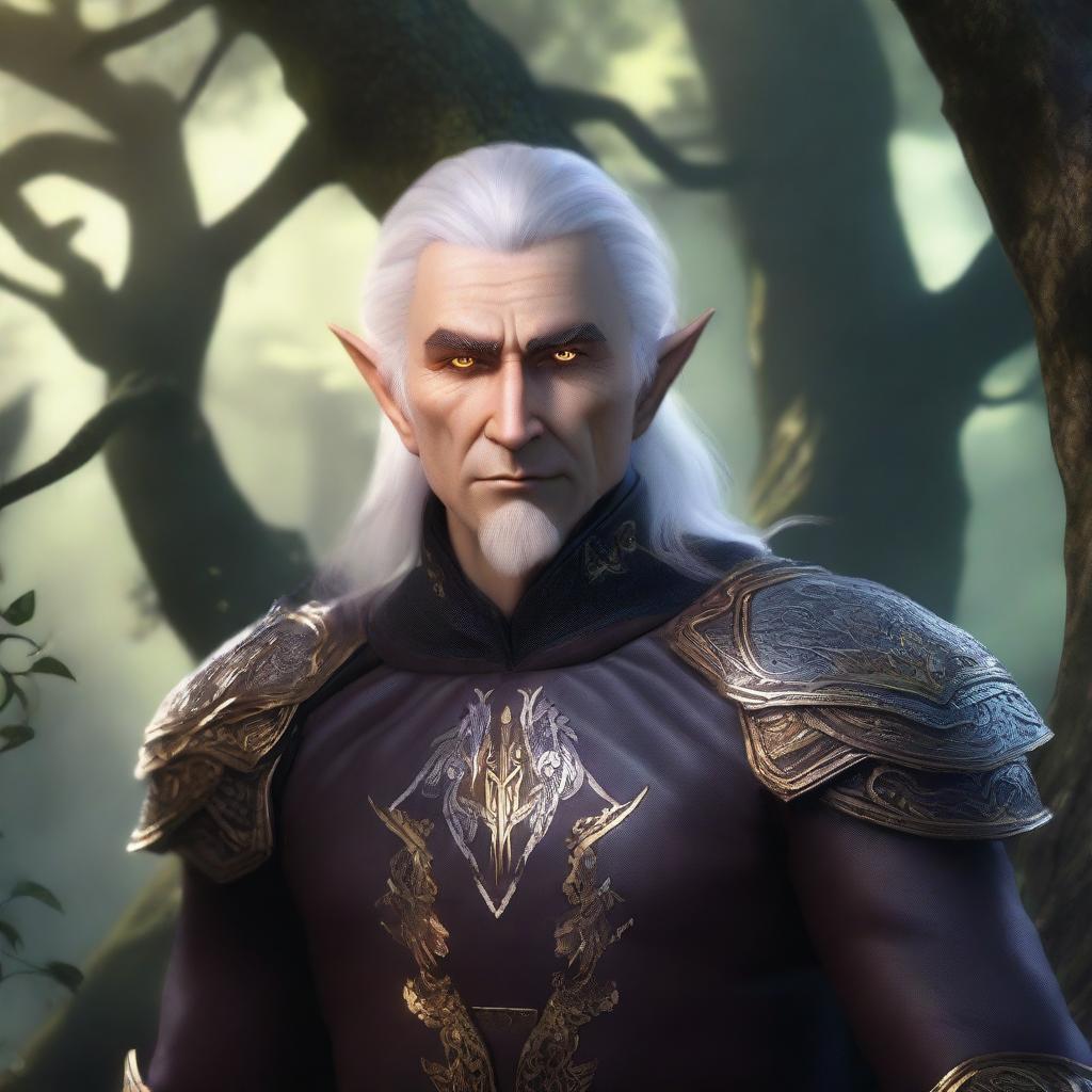 A male elf with silver hair and gold eyes, reminiscent of the Witcher