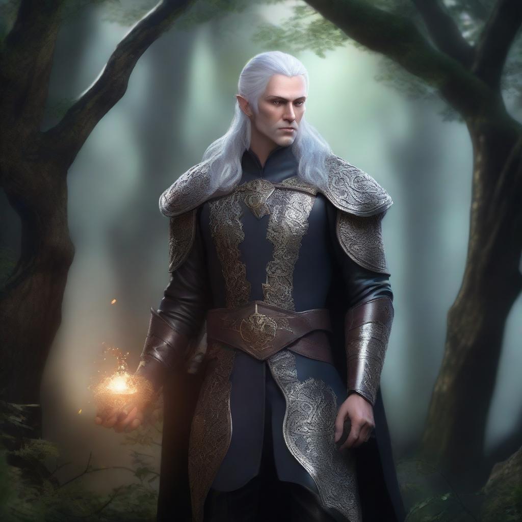 A male elf with silver hair and gold eyes, reminiscent of the Witcher