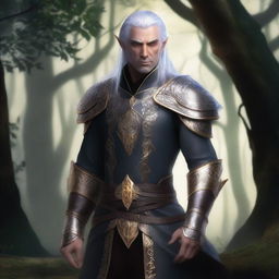 A male elf with silver hair and gold eyes, reminiscent of the Witcher