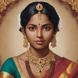 Anime style portrait of a Tamil woman, wearing traditional Tamil attire and jewelry, with intricate detailing.