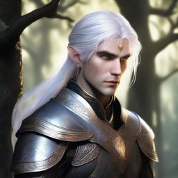 A young male elf with silver hair and gold eyes, resembling a character from The Witcher