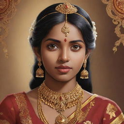 Anime style portrait of a Tamil woman, wearing traditional Tamil attire and jewelry, with intricate detailing.