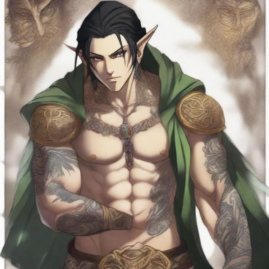 In an anime style, a male elf with tattoos on his face and body