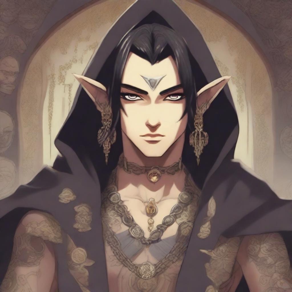 In an anime style, a male elf with tattoos on his face and body