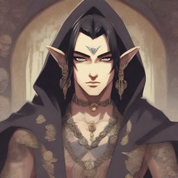 In an anime style, a male elf with tattoos on his face and body