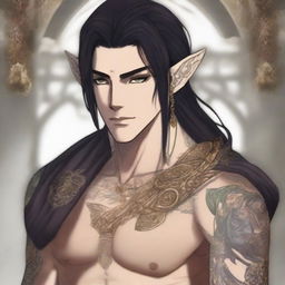 In an anime style, a male elf with tattoos on his face and body