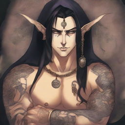 In an anime style, a male elf with tattoos on his face and body