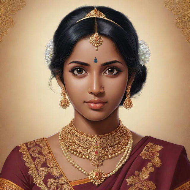 Anime style portrait of a Tamil woman, wearing traditional Tamil attire and jewelry, with intricate detailing.