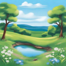 Create an image of a serene landscape featuring a lush, green meadow under a bright blue sky with fluffy white clouds