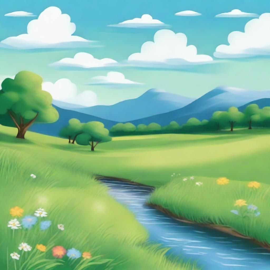 Create an image of a serene landscape featuring a lush, green meadow under a bright blue sky with fluffy white clouds