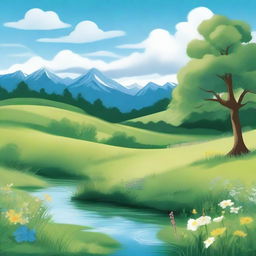 Create an image of a serene landscape featuring a lush, green meadow under a bright blue sky with fluffy white clouds