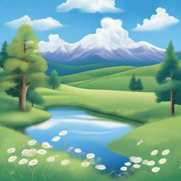 Create an image of a serene landscape featuring a lush, green meadow under a bright blue sky with fluffy white clouds