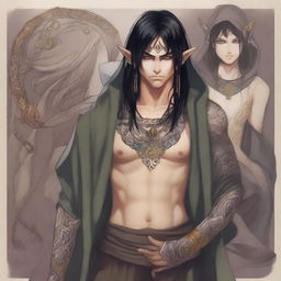 In an anime style, a male elf mage with tattoos on his face and body