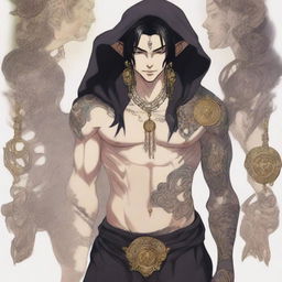 In an anime style, a male elf mage with tattoos on his face and body