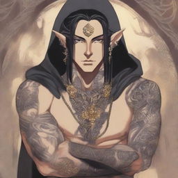 In an anime style, a male elf mage with tattoos on his face and body