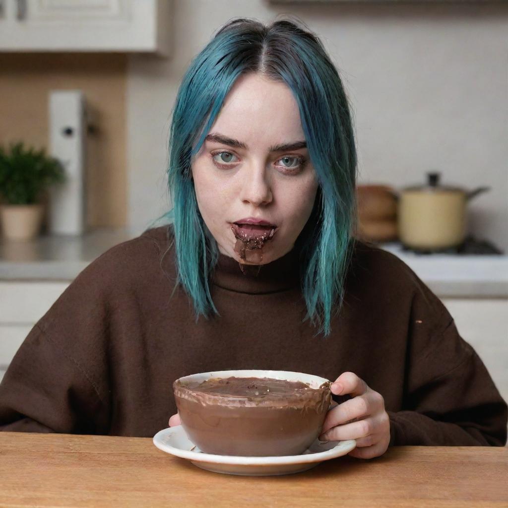 Billie Eilish enjoyably consuming a bowl of chunky chocolate pudding, with traces of chocolate smeared around her mouth for a playful vibe.