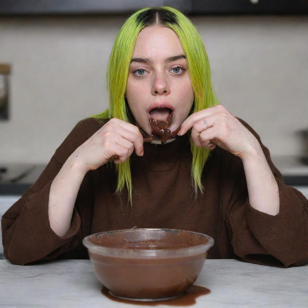 Billie Eilish enjoyably consuming a bowl of chunky chocolate pudding, with traces of chocolate smeared around her mouth for a playful vibe.