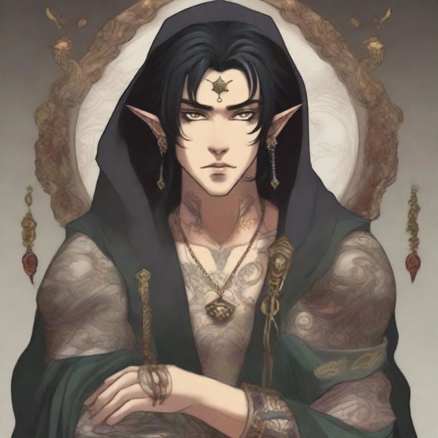 In an anime style, a male elf mage with tattoos on his face and body