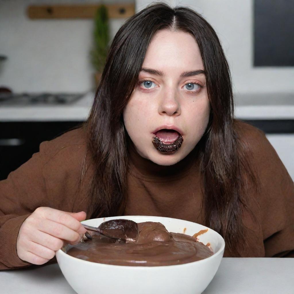 Billie Eilish enjoyably consuming a bowl of chunky chocolate pudding, with traces of chocolate smeared around her mouth for a playful vibe.