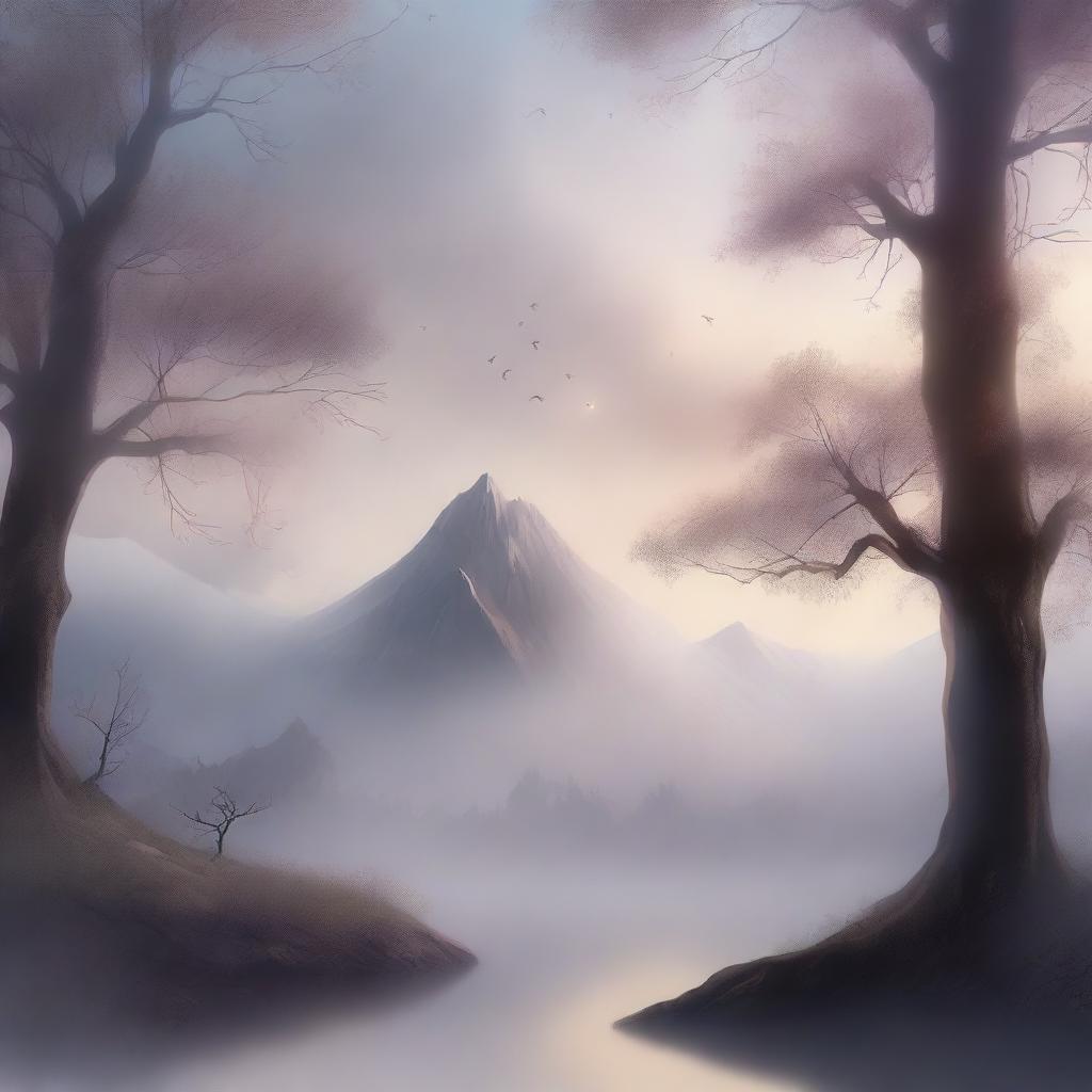 A serene and mystical landscape with whispers of ashes floating in the air