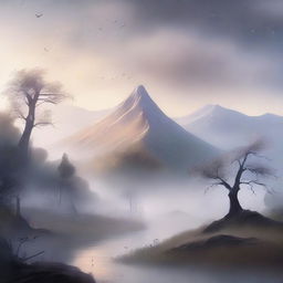 A serene and mystical landscape with whispers of ashes floating in the air