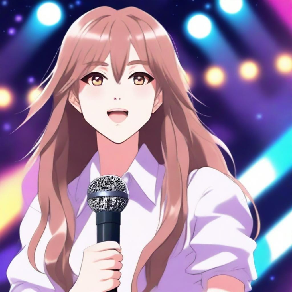 Create an anime-style novel cover featuring a young woman holding a microphone on a stage