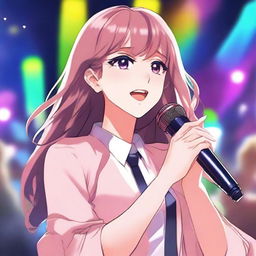 Create an anime-style novel cover featuring a young woman holding a microphone on a stage