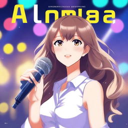 Create an anime-style novel cover featuring a young woman holding a microphone on a stage