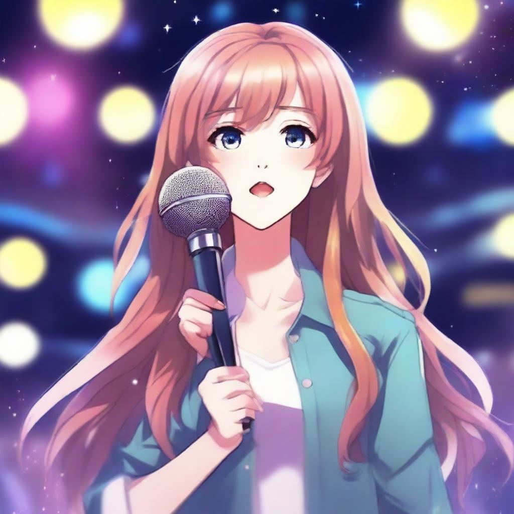 Create an anime-style novel cover featuring a young woman holding a microphone on a stage