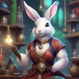 A female anthropomorphic rabbit Artificer, a Dungeons and Dragons 5e character, with medium build and fawn and white fur