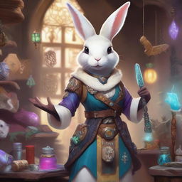 A female anthropomorphic rabbit Artificer, a Dungeons and Dragons 5e character, with medium build and fawn and white fur